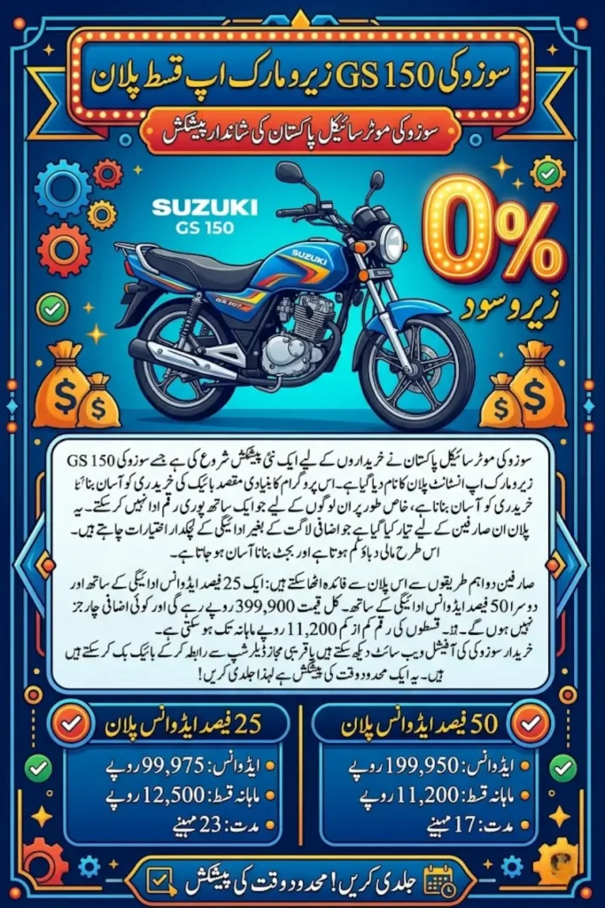 Suzuki GS 150 Zero Markup Installment Plan Introduced in Pakistan