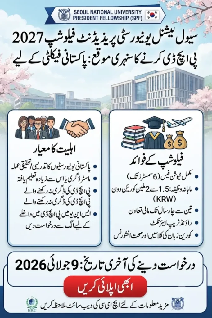 SNU President Fellowship Program Spring 2027: Fully Funded PhD for Pakistani Teachers